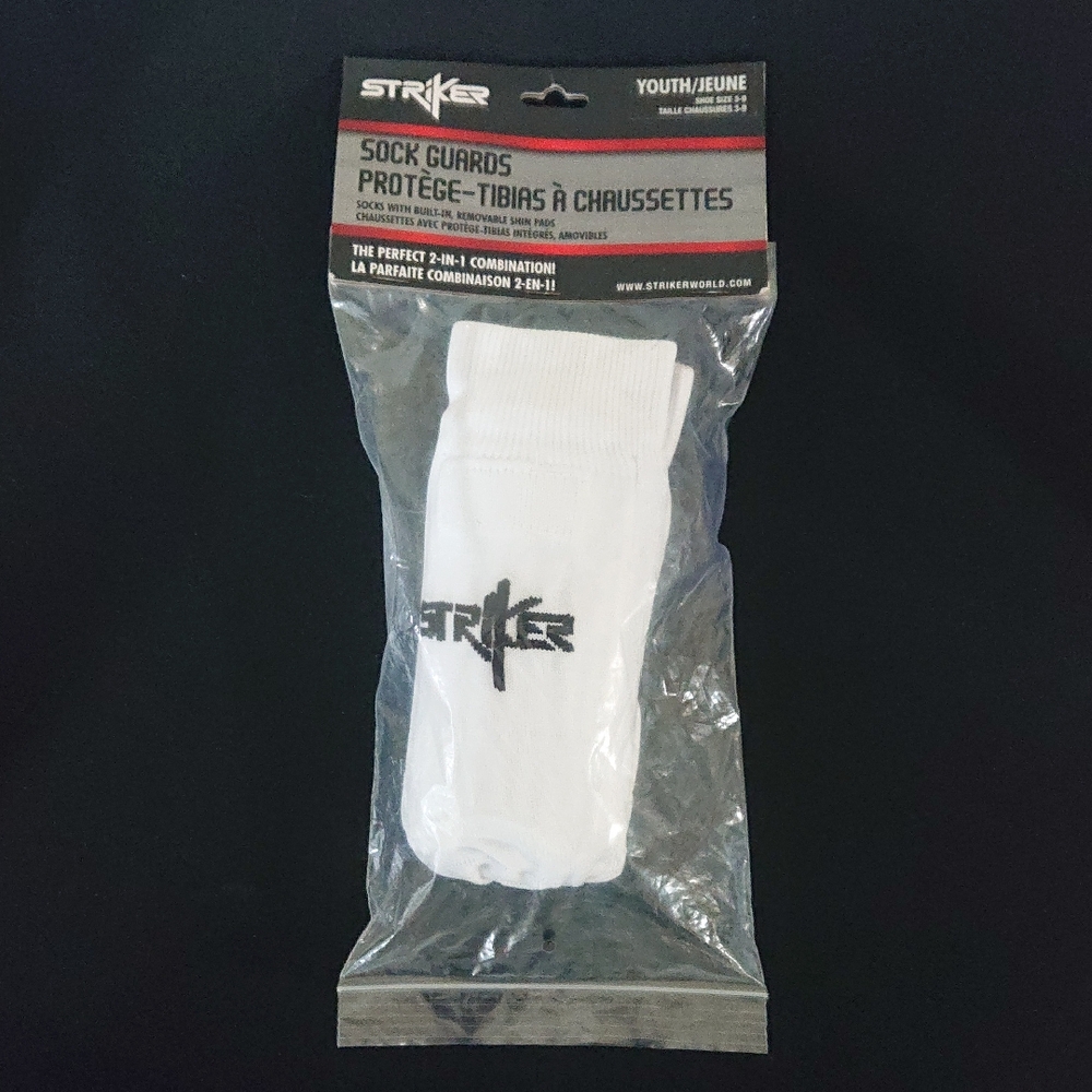 Striker - White Youth (Shoe Size 3-9) Sock Guards - 2 in 1 Shin Pads - Soccer